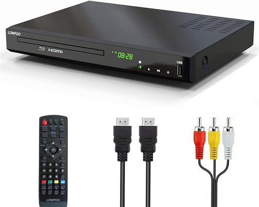 LONPOO 1080P Blu-ray Player für Fernseher mit HDMI, USB, AV und Koaxialausgang - Full HD 1080p, Metallgehäuse, alle Region DVDs